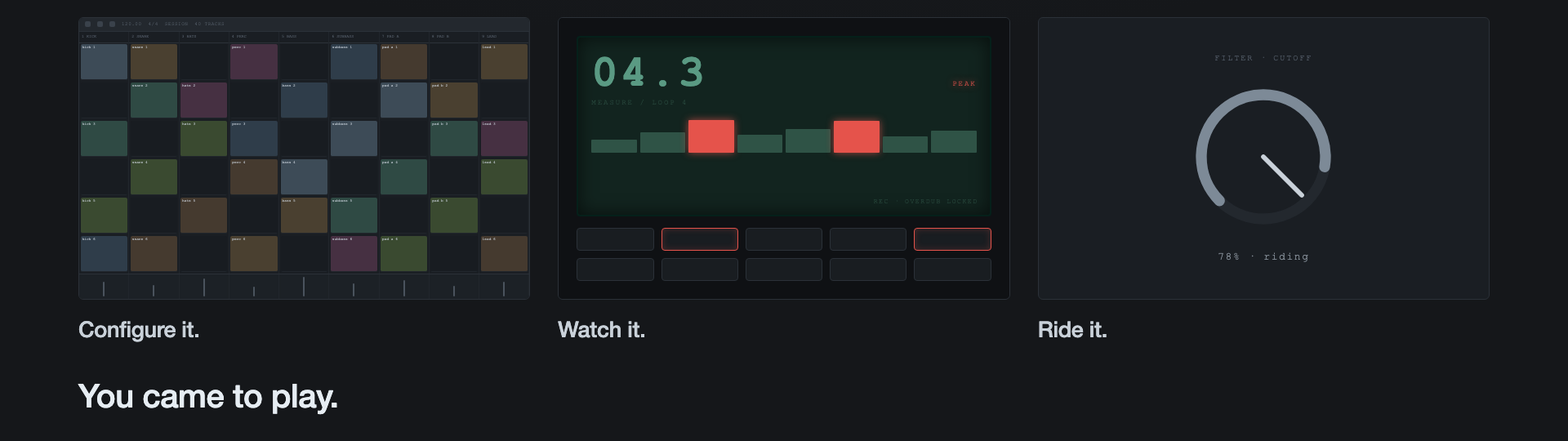 Three panels labelled Configure it, Watch it, Ride it, showing a session grid, a looper counting measures, and a filter cutoff knob being ridden at 78 percent.